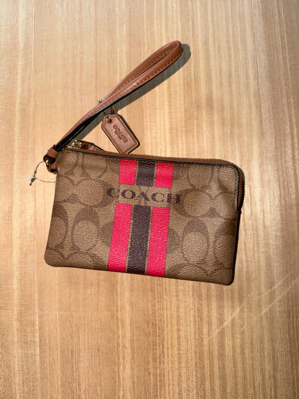 Coach Brown Signature Wristlet with Pink and Dark Brown Stripes
